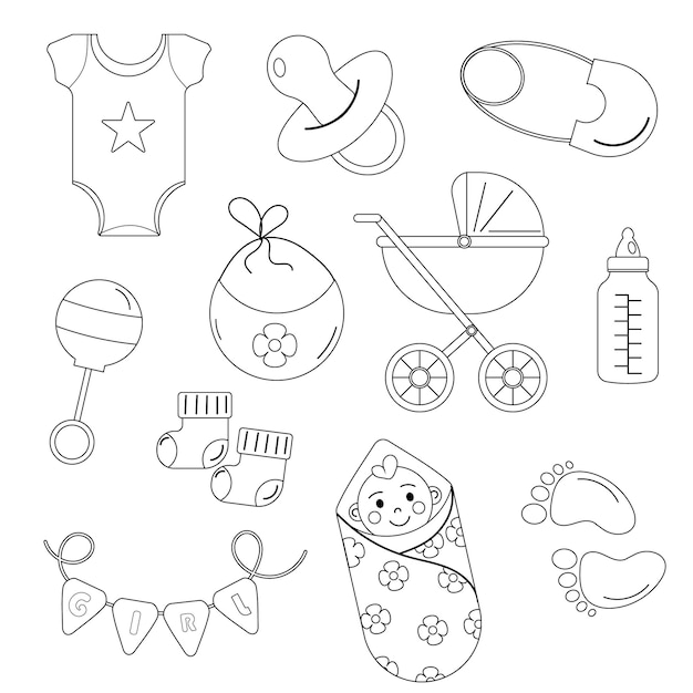 Набор элементов контура для детского душа для девочки Векторная иллюстрация