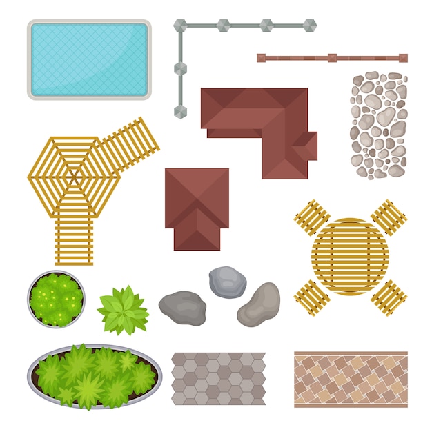 Set of elements of the park. View from above.  illustration.