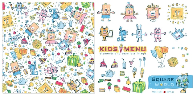 Набор элементов и бесшовное изображение для упаковки подарков или детского меню в пастельных тонах