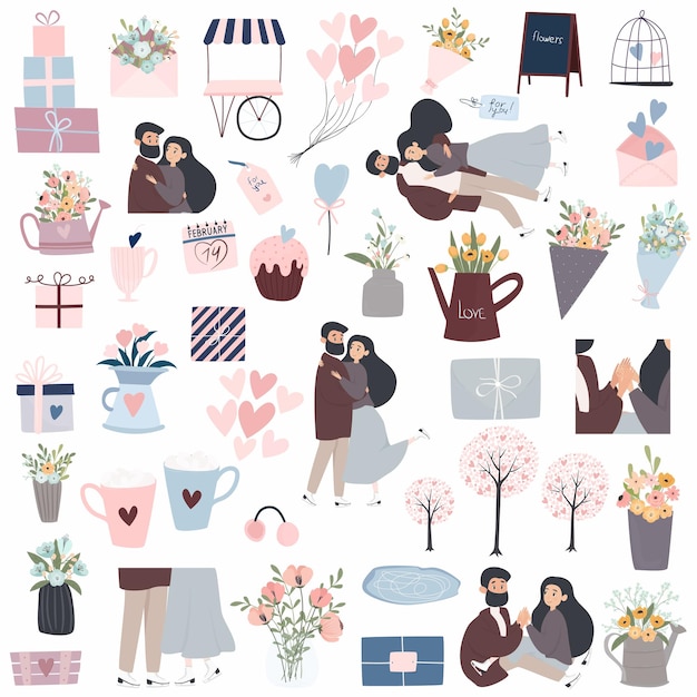 A set of elements for st valentine's day cute illustrations