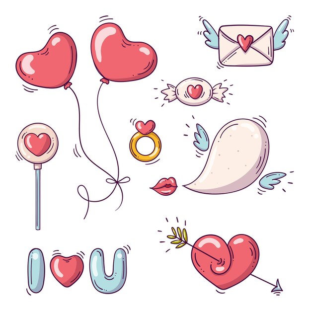 Vector set of elements for st. valentines day in doodle style on white background.