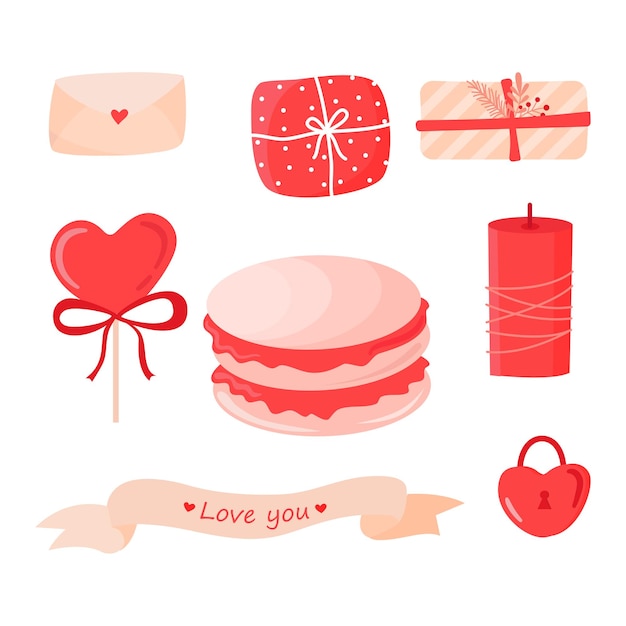 Set of elements for st Valentines day in doodle style on white background