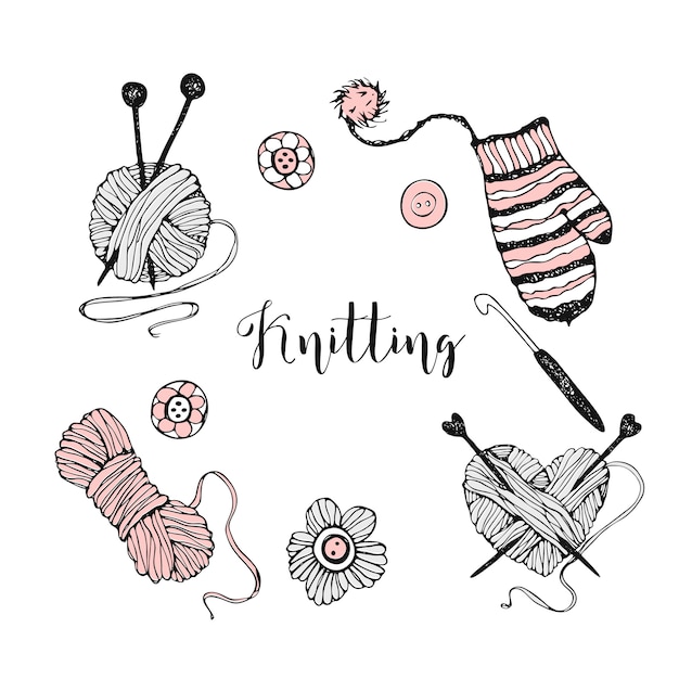 A set of elements on the theme of knitting. Yarn, knitting needles, and mittens.