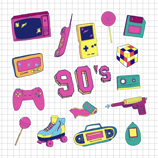  Set of elements in trendy 90s hand-drawn style