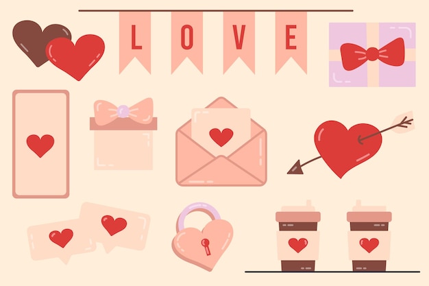 Insieme di elementi per il giorno di san valentino amore illustrazione vettoriale il 14 febbraio disegni per una cartolina e un banner social network comunicazione online