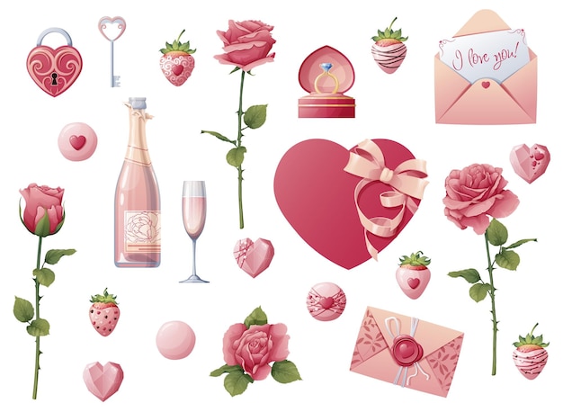Set of elements for Valentines Day wedding Clip art for holiday cards banners flyers Stickers of roses champagne strawberries on an isolated background