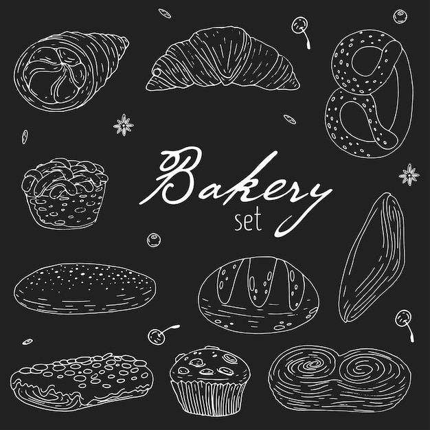 Set of elements with hand drawn bakery products on a chalkboard background