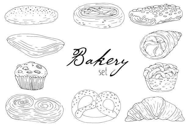 Set elements with hand drawn bakery products isolate on a white background