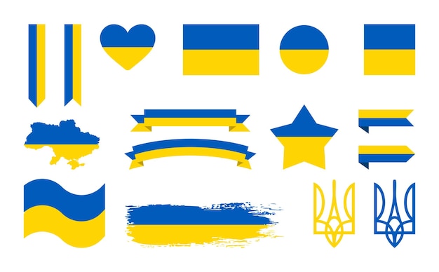 Set of elements with Ukrainian flag ribbons tryzub flag round star heart square rectangle map