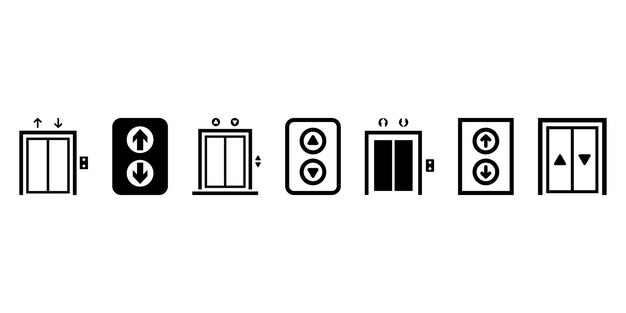 Set of elevator vector icons on white background. Black lift buttons. Service for person.