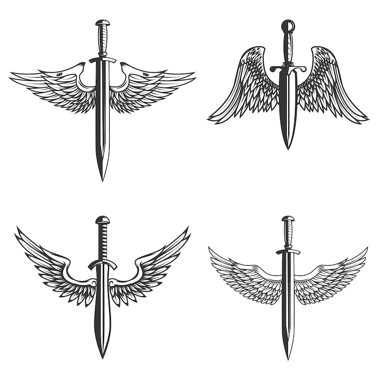 Vector set emblemen met middeleeuws zwaard en vleugels.