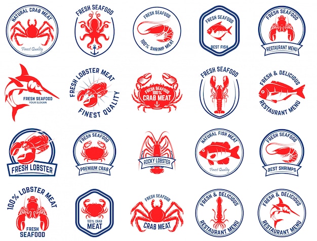 Vector set emblemen van de vismarkt. element voor logo, label, embleem, teken. illustratie