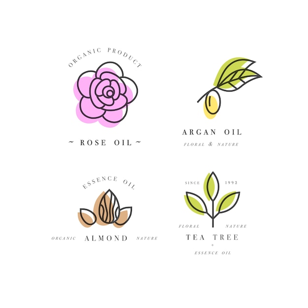 Set di emblemi - oli di bellezza - argan, rosa, mandorla e tea tree