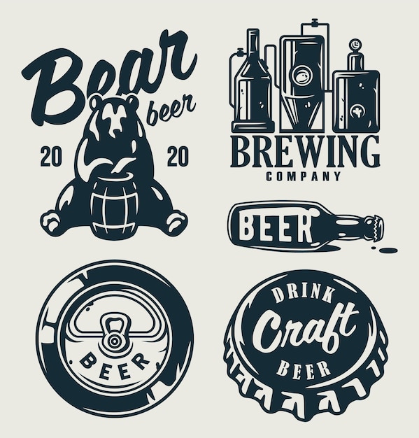 Set of emblems for the brewing theme including a beer bottle spikelet metal bear factory and barrel