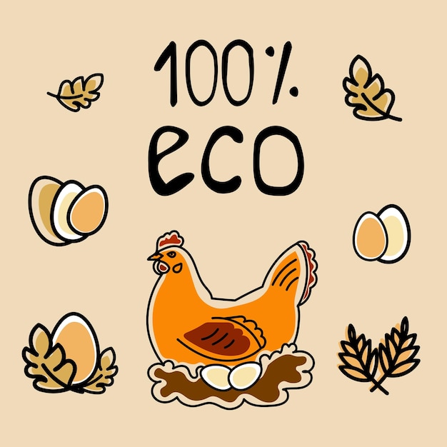 Set of emblems eco chicken egg hen on nest organic product