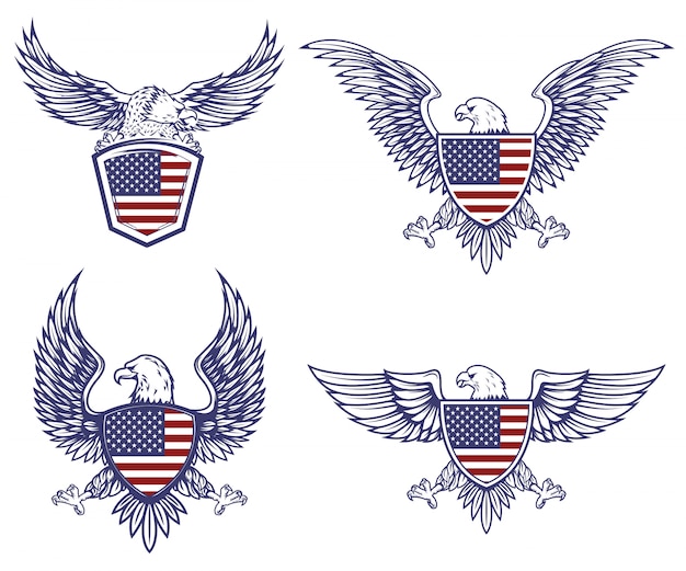 Vector set of the emblems with eagles on usa flag background.  elements for logo, label, emblem, sign.  illustration