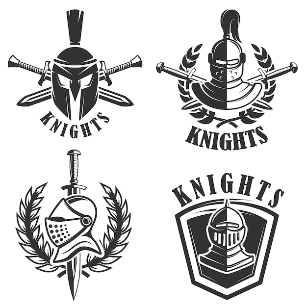 Set di emblemi con elmi e spade di cavalieri. elementi per logo, etichetta, badge, segno. illustrazione