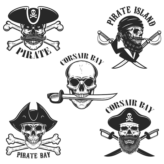 Set of emblems with pirate skulls and weapon.  element for logo, label, badge, sign.  illustration