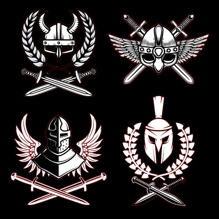 Vector set of emblems with viking ancient weapon
