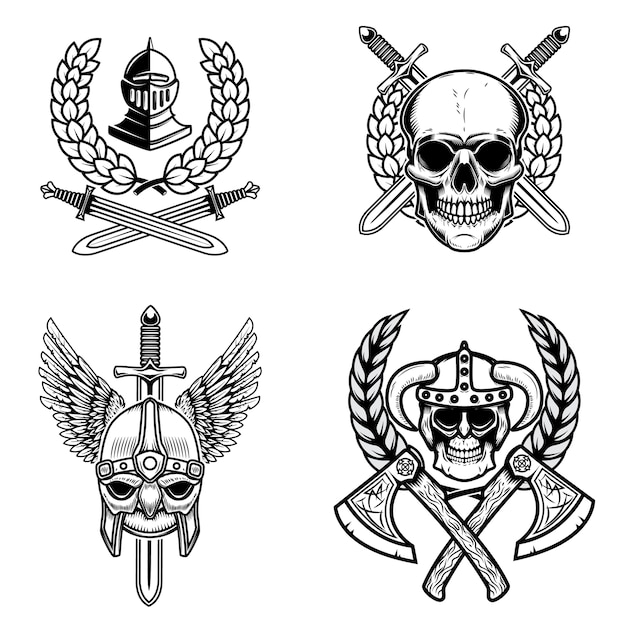 Vector set of emblems with viking ancient weapons and skulls