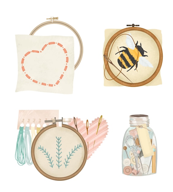 Set of embroidery graphic elements, embroidery hoop and set of needlework accessories and attributes