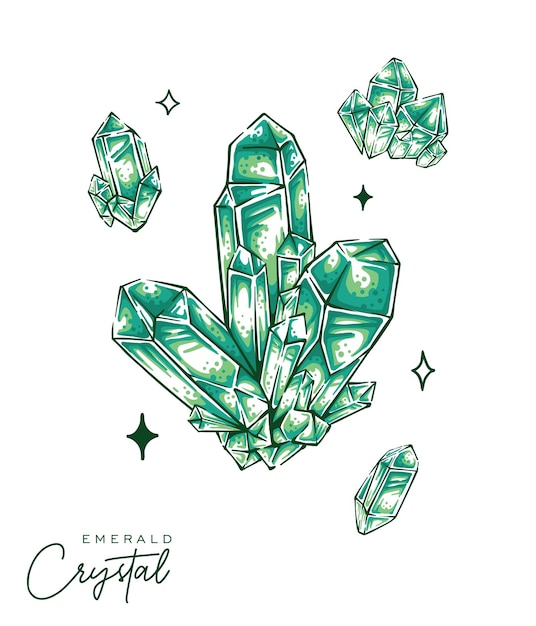 Vector set of emerald quartz illustration hand drawn crystal gemstone green color detailed drawing vector