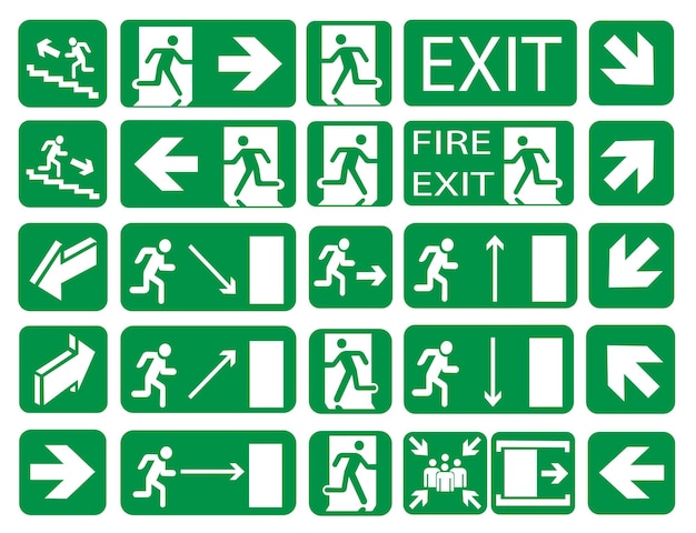 Set of emergency exit and fire exit signs assembly point in case of fire emergency exit direction