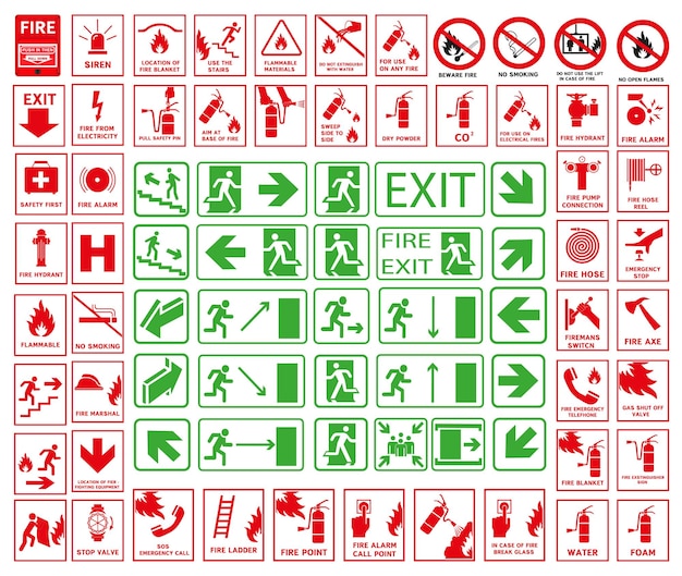 Set of emergency exit signs in case of fire danger