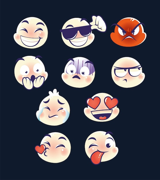 Vector set emoji, emoticons chat comment reactions angry happy love kiss surprise