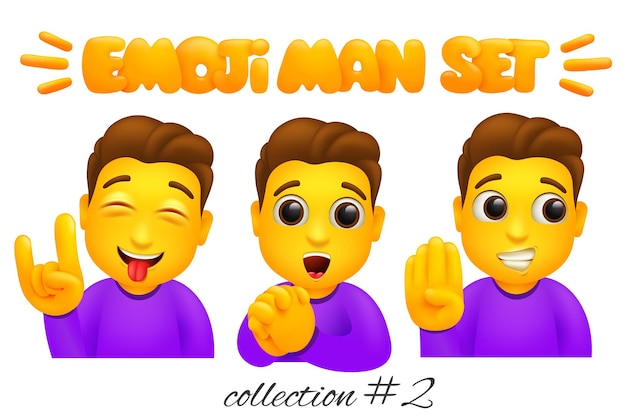 Set of emoji man characters. Cartoon style emoticon collection. Hard rock, swear, wonder gestures