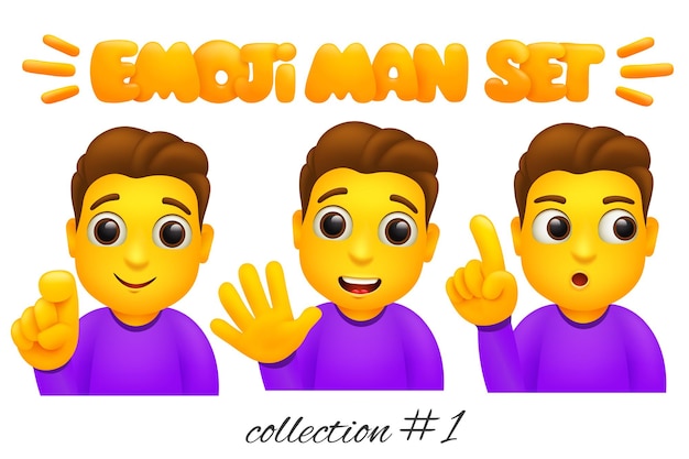 Set of emoji man characters. Cartoon style emoticon collection. Hello,thinking, pointing gestures