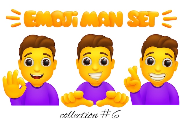 Vettore set di caratteri dell'uomo emoji. collezione di emoticon in stile cartone animato. ok, ehi tu, gesti di buona fortuna.