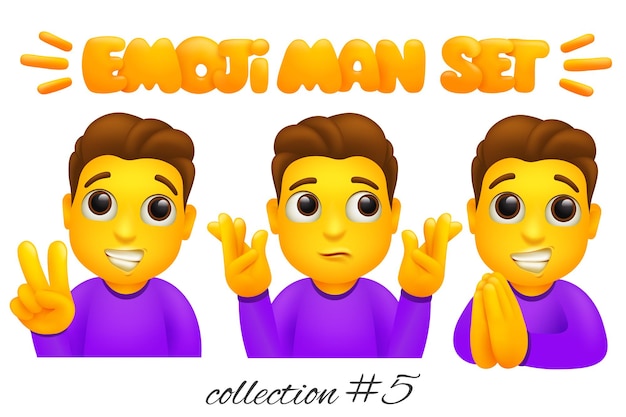 Vettore set di caratteri dell'uomo emoji. collezione di emoticon in stile cartone animato. vittoria, confusione, gesti di preghiera