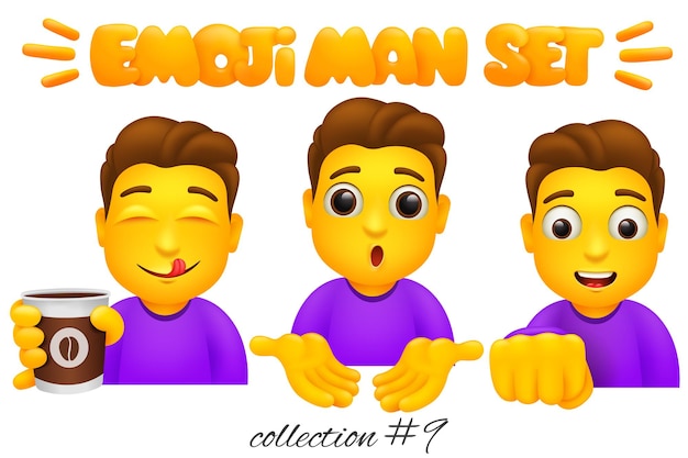 Vettore set di caratteri dell'uomo emoji. collezione di emoticon in stile cartone animato.