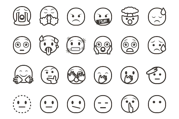 Set of emoticon smiley icons Cartoon Emoji Set with smile sad happy and flat emotion in line art style