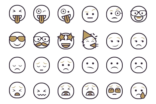 Set of emoticon smilley icons Cartoon Emoji Set with smile sad happy and flat emotion in two tone style