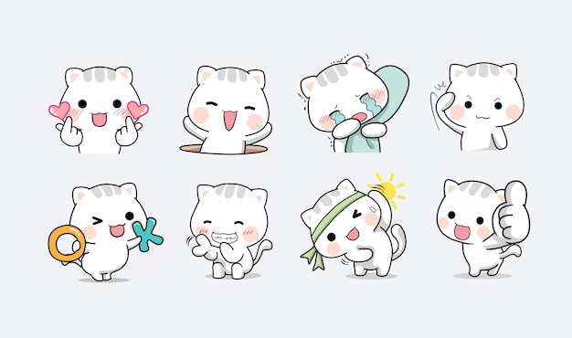 Vector set of emoticons cute white cat with different gesture and pose