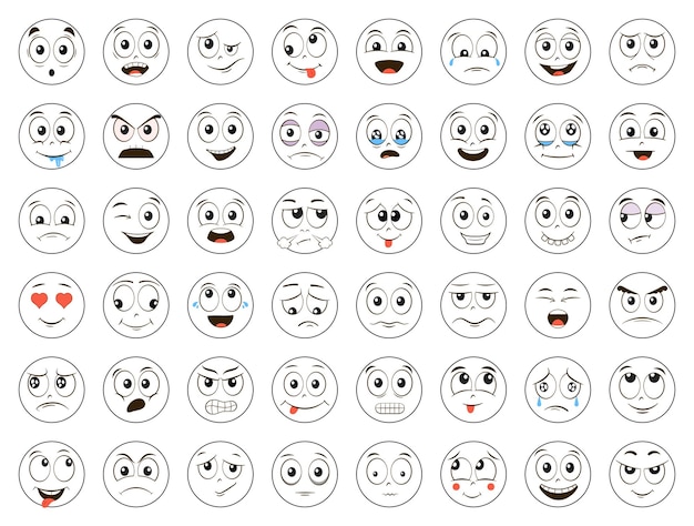 Vettore set di emoticon. emoji. set di facce dei cartoni animati. arrabbiato, ridendo, sorridente, piangendo, spaventato e altri expre