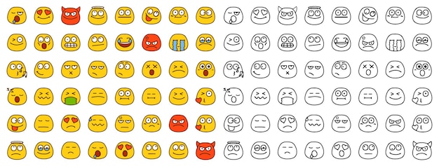 Set di emoticon che mostrano emozioni diverse in stile cartone animato isolato su sfondo bianco faccine divertenti clip art