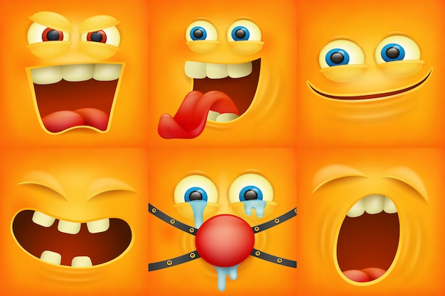 Set of emoticons yellow faces emoji characters square icons