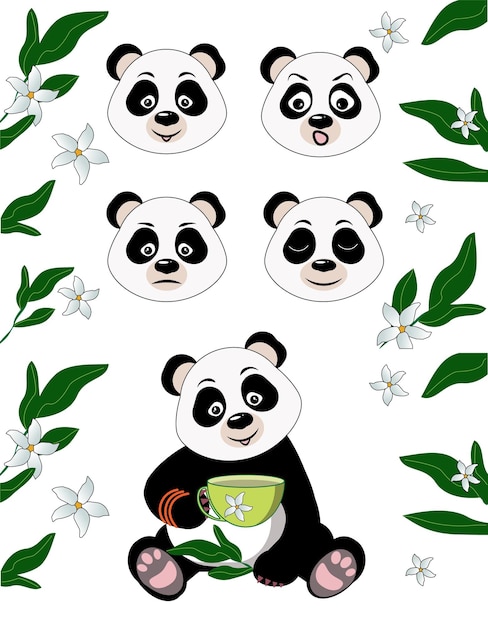 Вектор Установить эмоции панда счастливый грустный плач удивление и сердитые выражения головы векторная иллюстрация