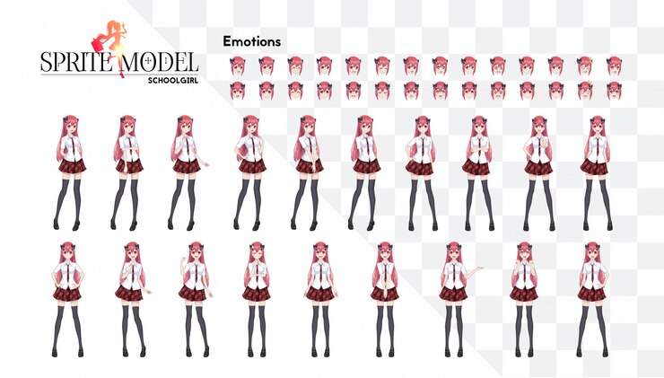 Vector set of emotions. sprite full length character for game visual novel. anime manga girl, cartoon character in japanese style. in a white shirt, a red skirt in a cage, a tie and black stockings-tights