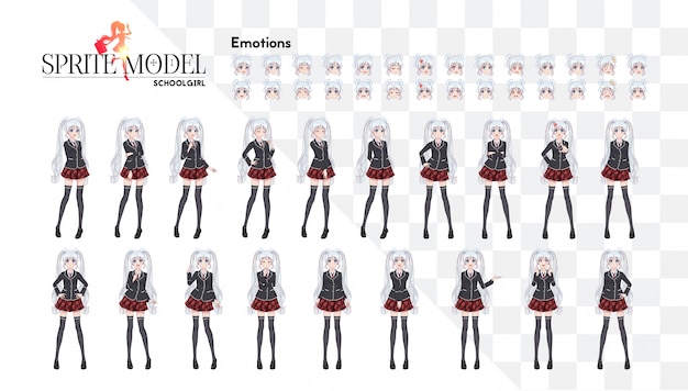 Vector set of emotions. sprite full length character for game visual novel. anime manga girl, cartoon character in japanese style. in a white shirt, a red skirt in a cage, a tie and black stockings-tights