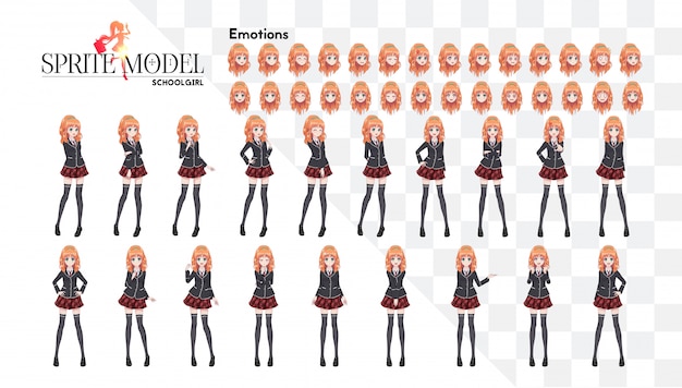 Vector set of emotions. sprite full length character for game visual novel. anime manga girl, cartoon character in japanese style. in a white shirt, a red skirt in a cage, a tie and black stockings-tights