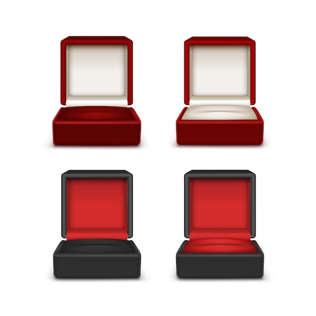 Vector set of empty colored red black and white velvet opened gift jewelry boxes close up isolated on white background