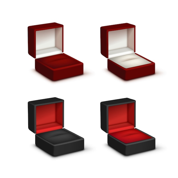 Set di velluto bianco e rosso rosso colorato vuoto aperto scatole regalo gioielli da vicino isolato su sfondo bianco