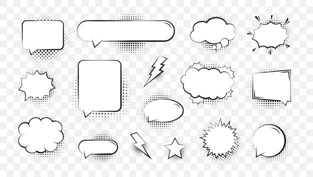 Set of empty comic speech bubbles different shapes with halftone shadows