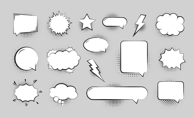 Vector set of empty comic speech bubbles different shapes with halftone shadows