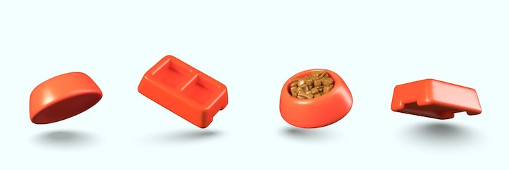Vector set of empty and full animal bowls round and rectangular dishes for pets