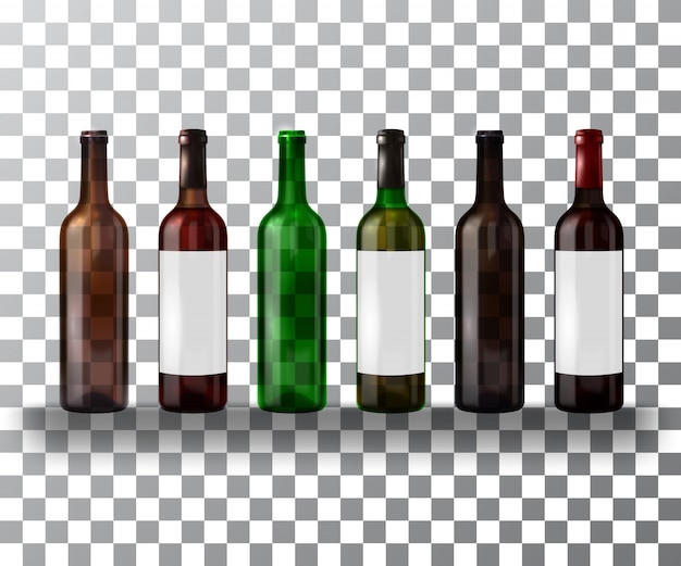 Vector set of empty and full bottles of wine isolated on a transparent .